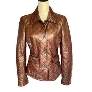 Vakko Lamb Leather Quilted Coat Bronze Brown Jacket Women Size M